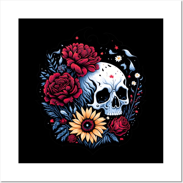 Spooky skull with red roses and sunflower floral Wall Art by Shaymalily